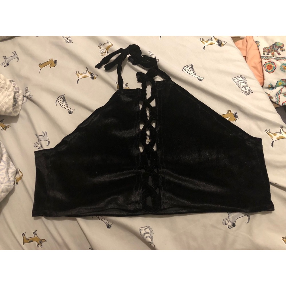 Wanderndaze Black Velvet Lace Up Halter Top